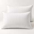 Studio presentation of two white striped queen pillows